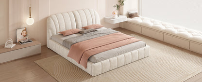 Queen Size Upholstered Platform Bed with Thick Fabric, Polyester, Beige