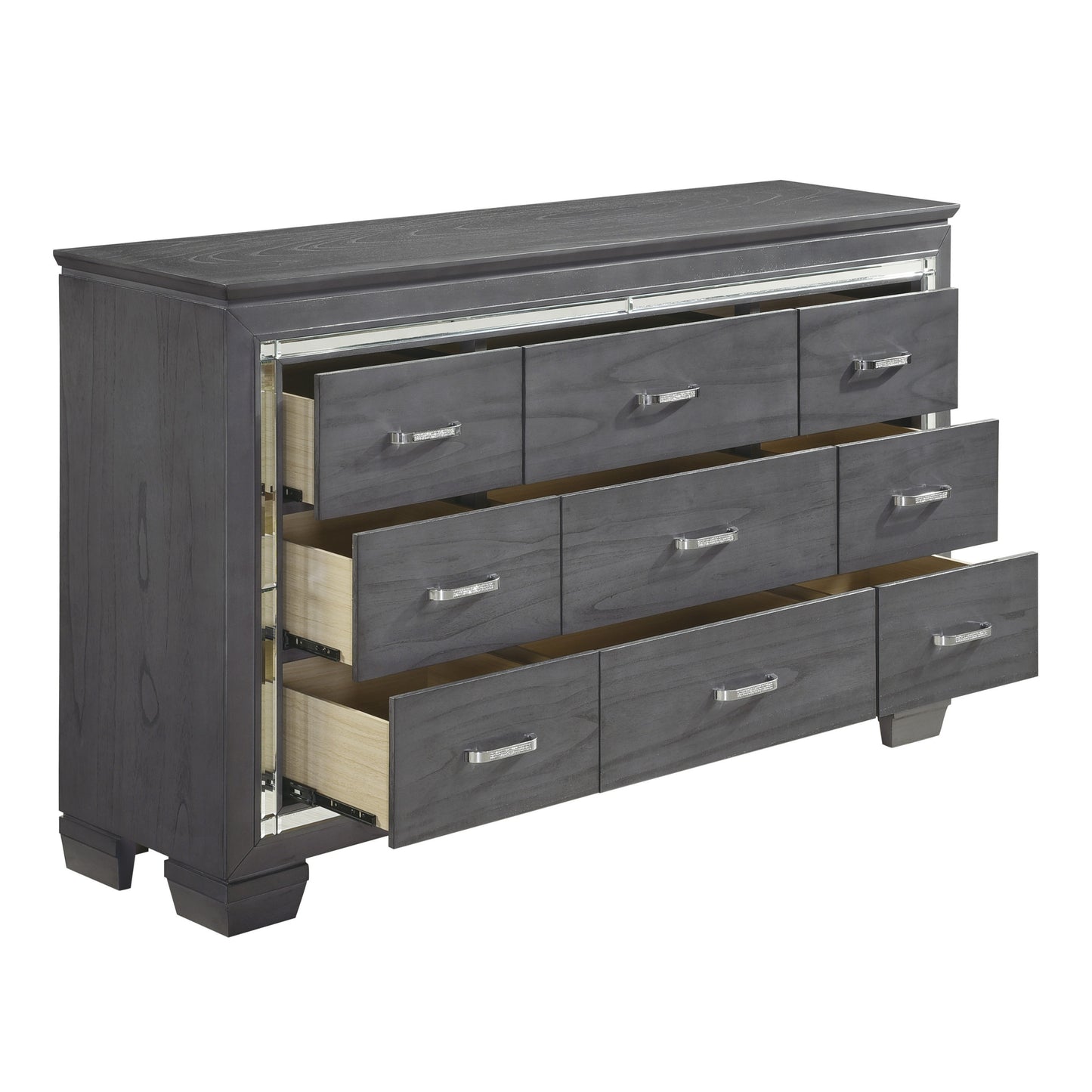 Modern Glam Bedroom Furniture 1pc Dresser of 9 Drawers Gray Finish Beveled Mirror Trim Faux Crystal Drawers Pulls