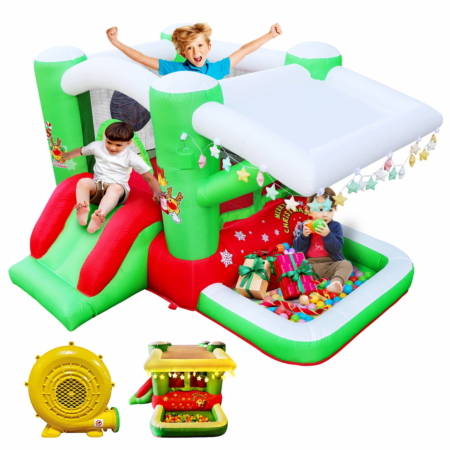 Christmas Jump 'n Slide Inflatable Bouncer for Kids Complete Setup with Blower - 80" x 91" Play Area - 55" Tall