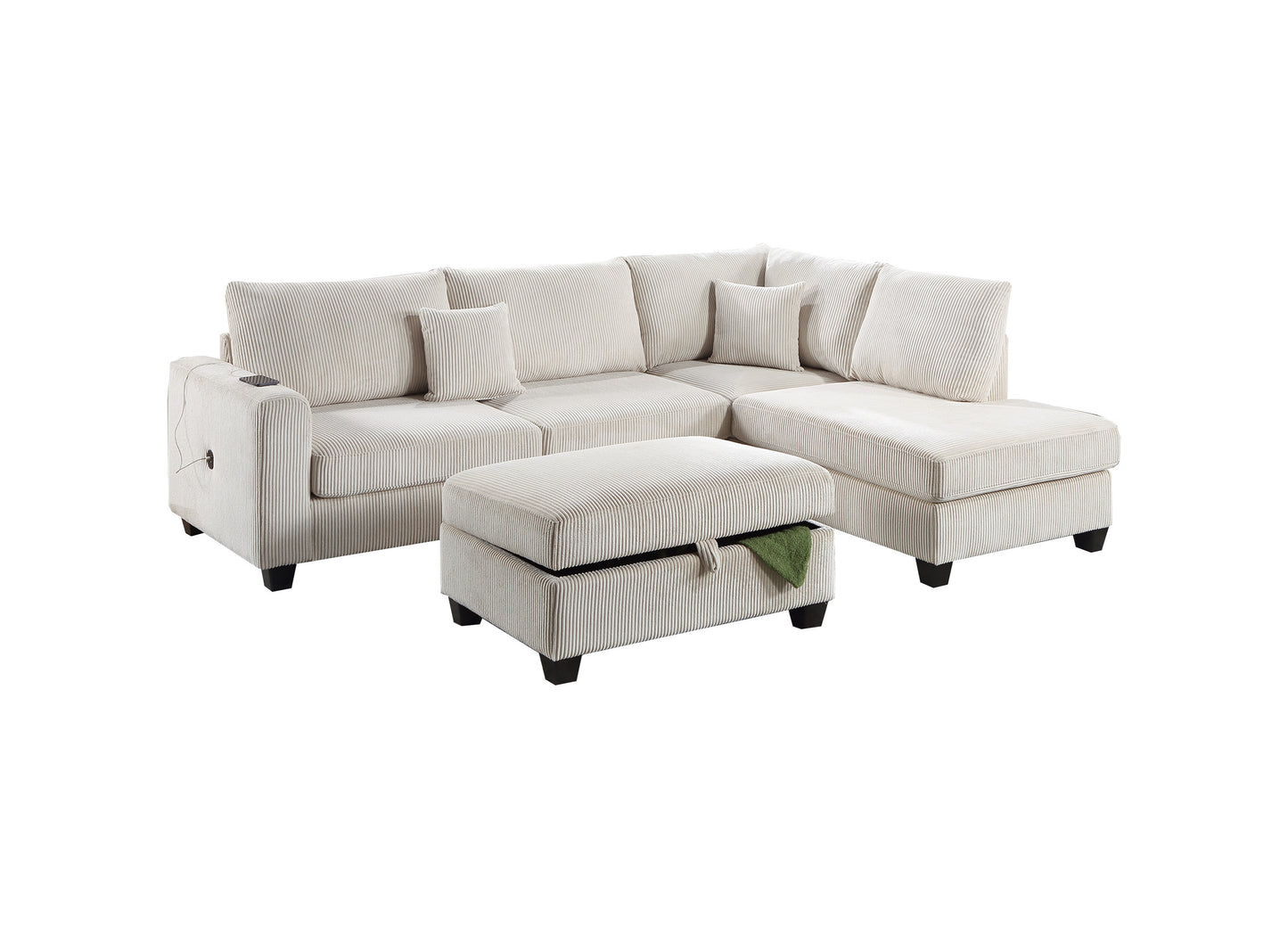 Ivory Color 3pc Sectional Set Corduroy Upholstered LAF Sofa RAF Chaise Ottoman L-Sectional Living Room Furniture