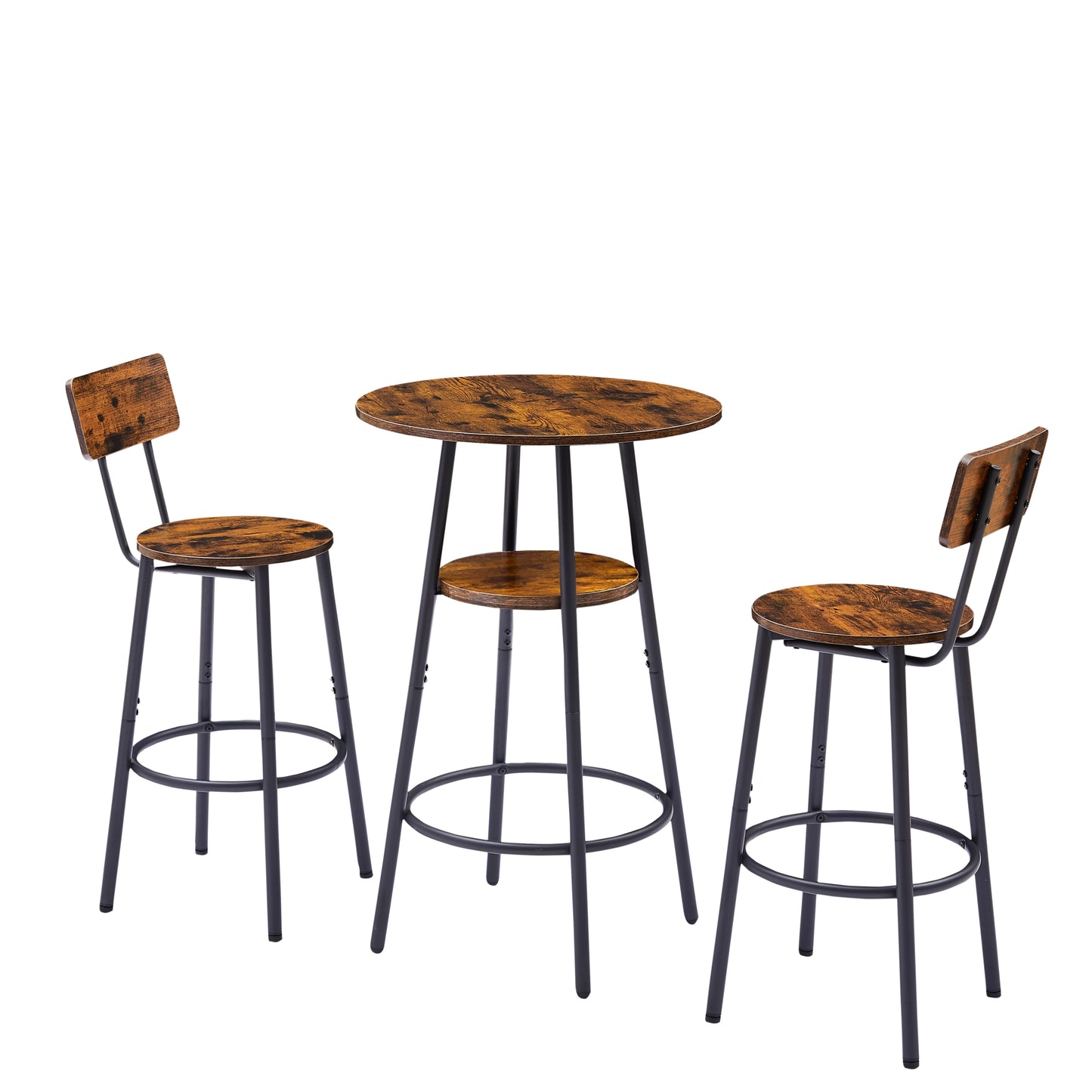 Round bar stool set with shelves, stool with backrest Rustic Brown, 23.6'' Dia x 35.4'' H