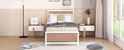 Twin Size Platform Bed, Metal and Wood Bed Frame with Headboard and Footboard , White