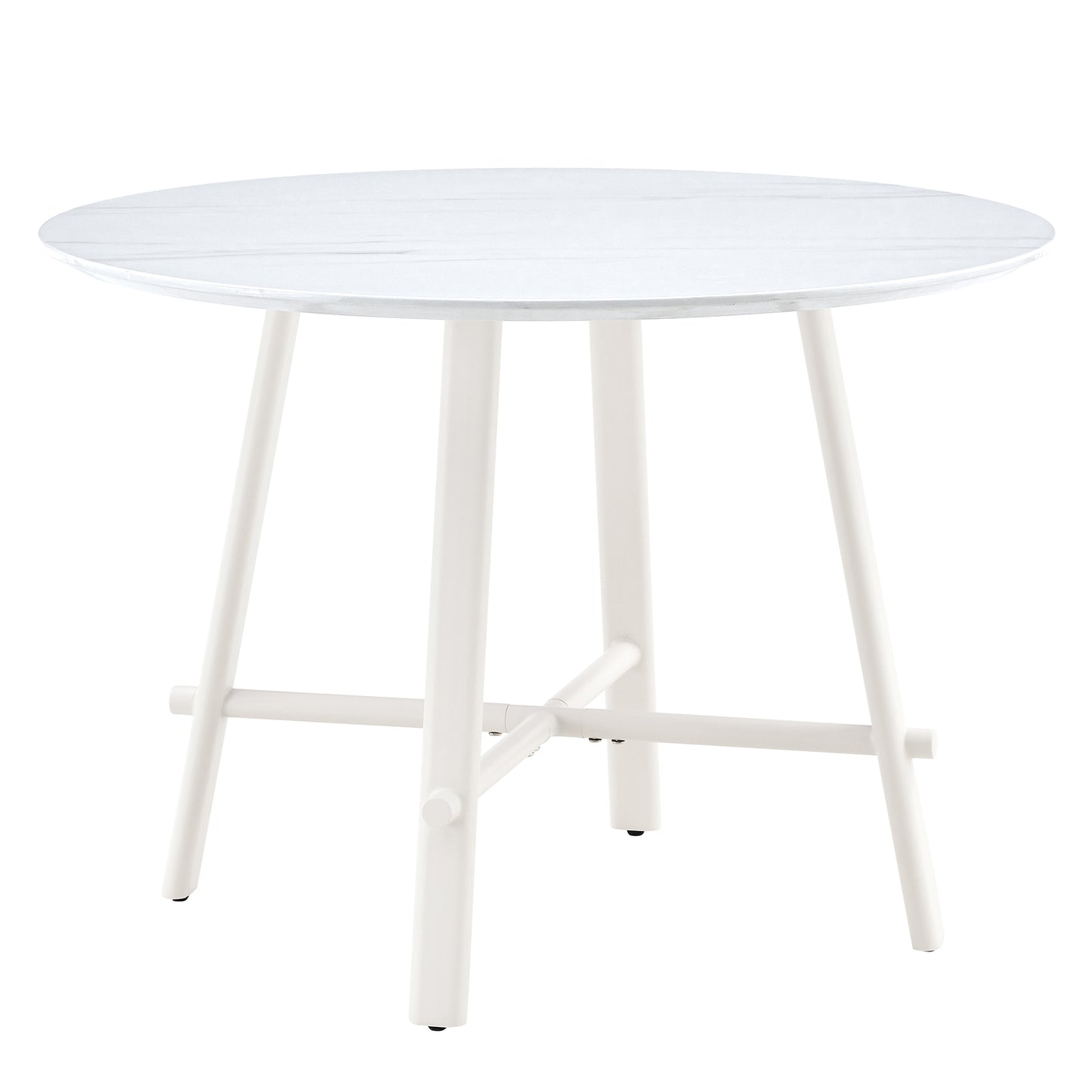 A modern minimalist circular dining table with a 42 inch diameter white patterned tabletop and white metal legs. Suitable for restaurants, living rooms, and conference rooms.