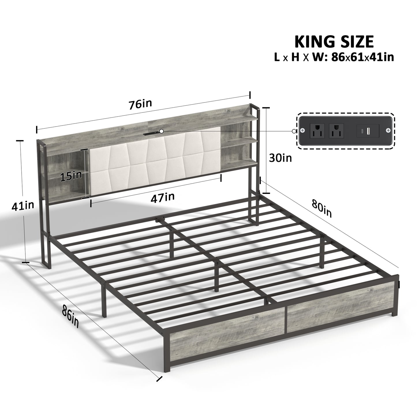 King Size Bed Frame with LED Light & Power Outlet, Platform Bed with Upholstered Headboard and Storage, Sturdy Metal Slats Support, No Box Spring Needed, Easy Assembly, Noise-Free