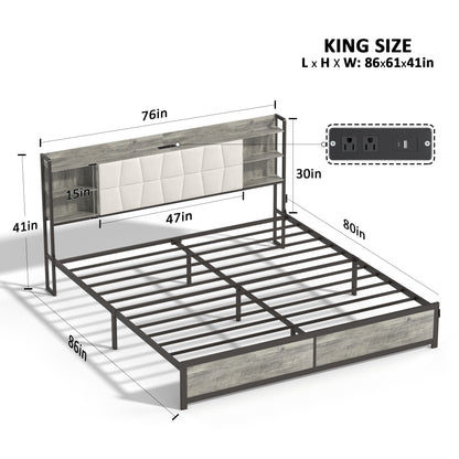 King Size Bed Frame with LED Light & Power Outlet, Platform Bed with Upholstered Headboard and Storage, Sturdy Metal Slats Support, No Box Spring Needed, Easy Assembly, Noise-Free