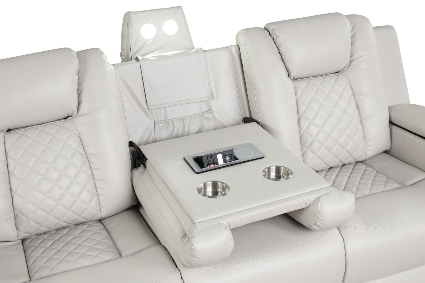 LED & Power Reclining Sofa Made With Faux Leather in Ice