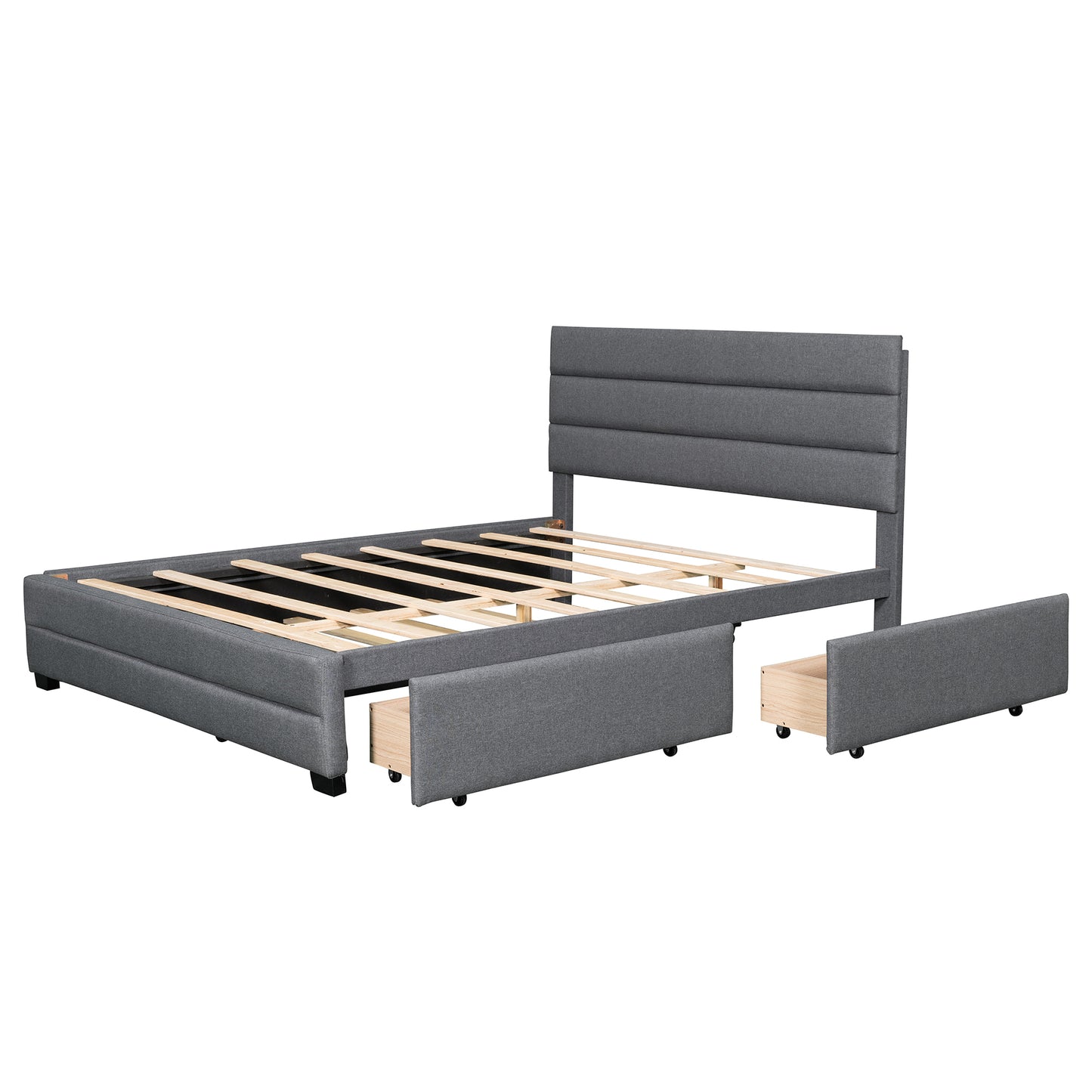 Queen Upholstered Platform Bed with Twin Size Trundle and Two Drawers,Grey