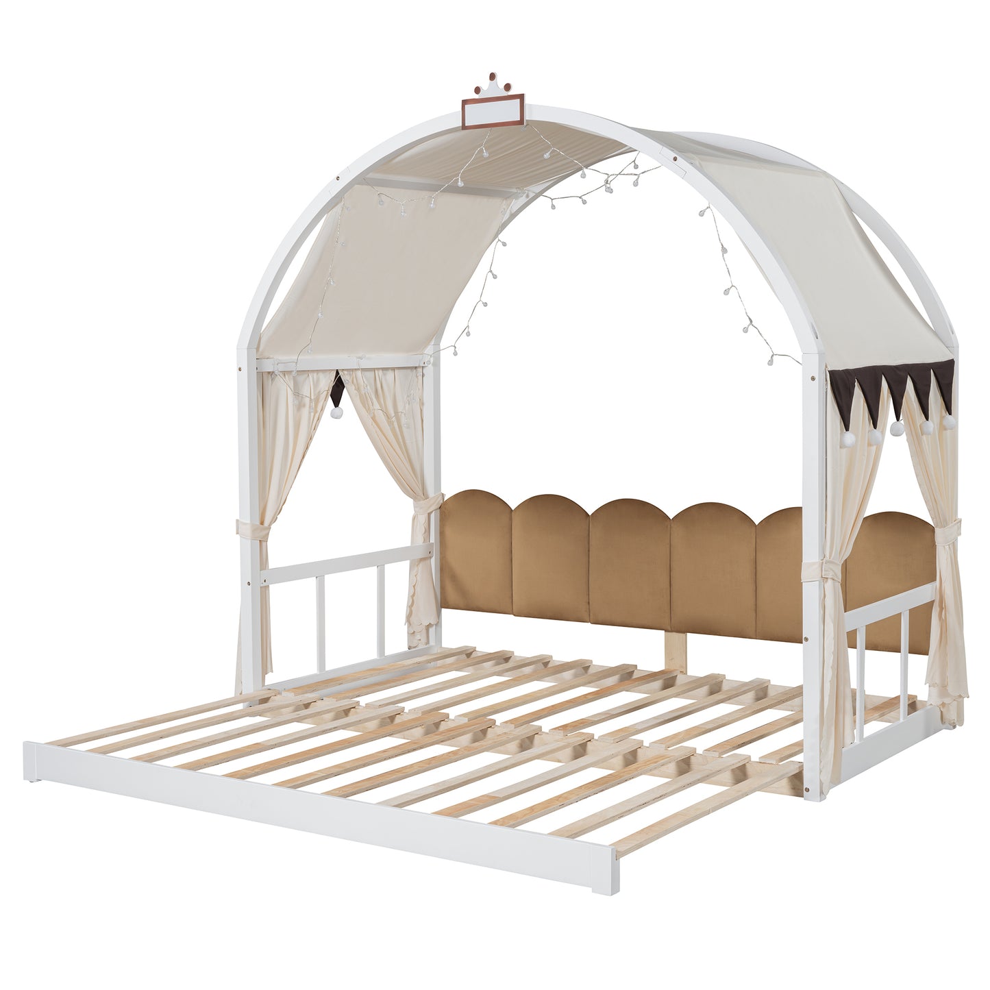 Twin Size Extended Bed With Arched Roof and Trundle, White