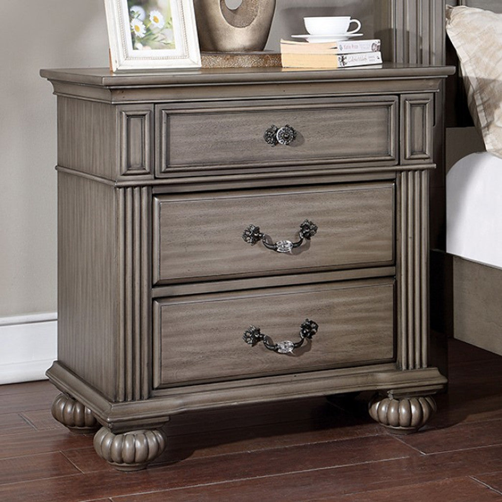 1pc Nightstand Only Traditional Gray Solid wood 3-Drawers Ball Bearing Metal Glides Antique Brass Handles w/ Acrylic Accent Bedroom Furniture