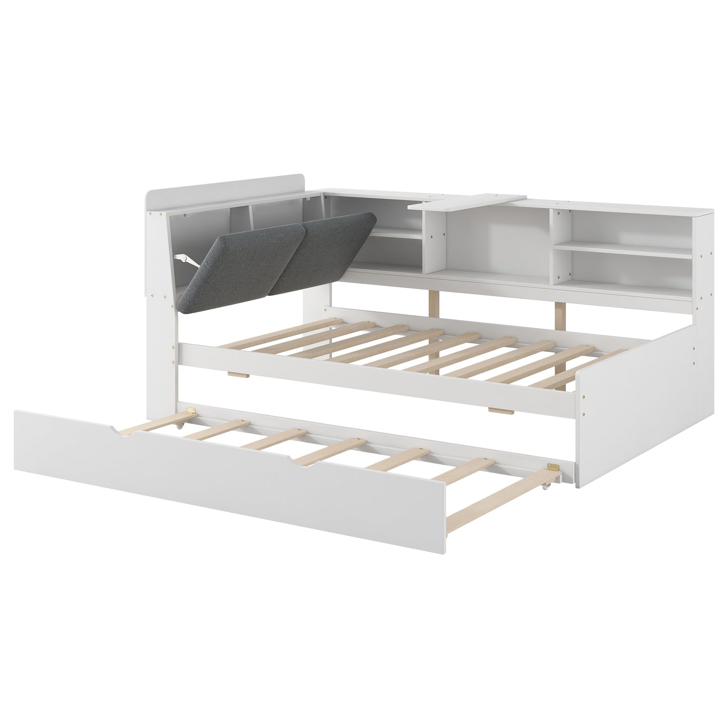 Wood Twin Size platform bed with Trundle, Shelves and Storage Headboard, White