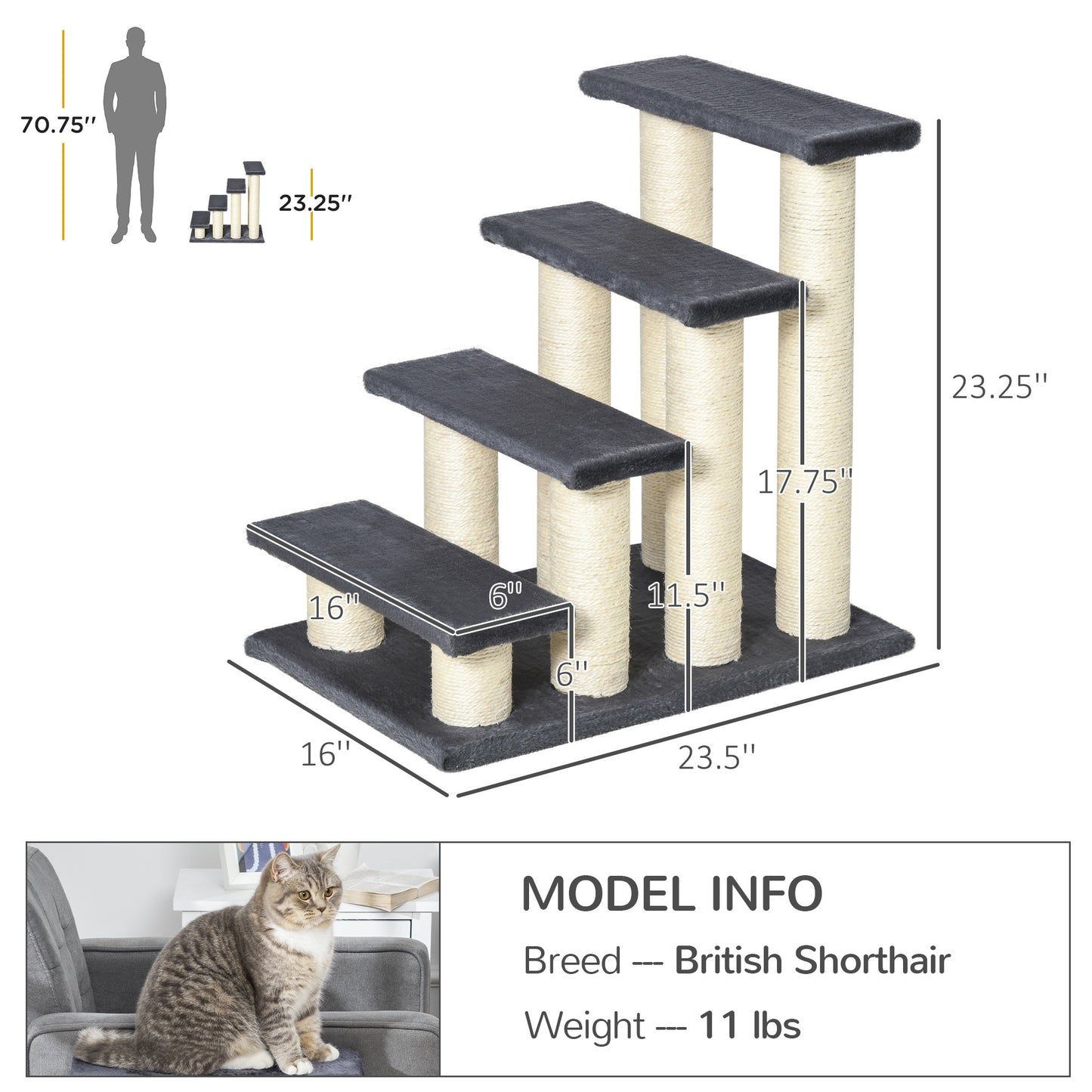 PawHut Cat Tree with 4 Steps for High Beds Couch, Cute Stair Shaped Cat Tree for Indoor Cats or Dogs w/ Sisal Scratching Post, Climbing, Playing, Gray