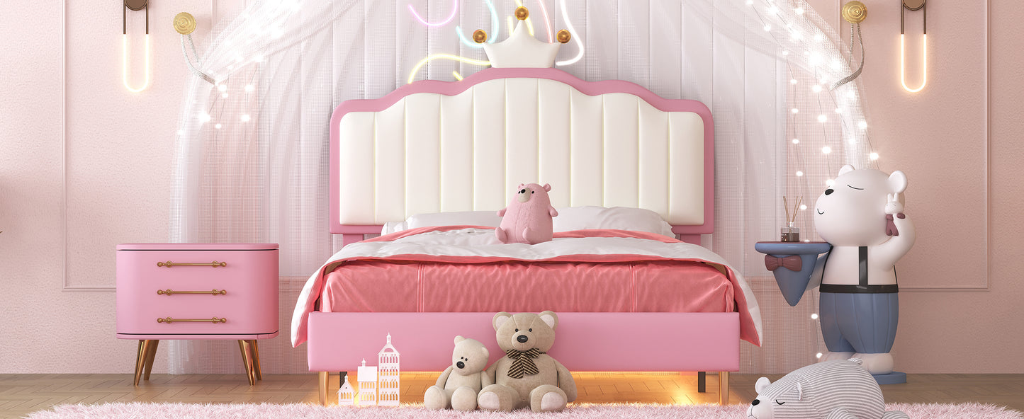 Twin size Upholstered Princess Bed With Crown Headboard, Platform Bed with  with Light Strips,Golden Metal Legs, White+Pink