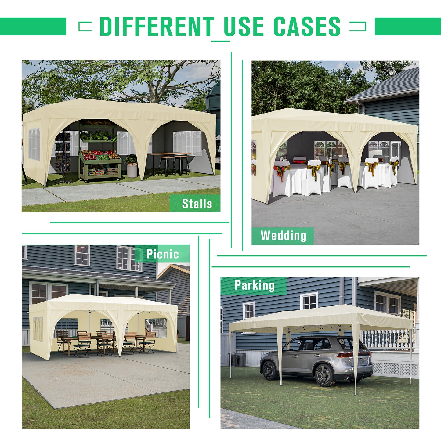 10'x20' Pop Up Canopy Tent with 6 Sidewalls, Ez Pop Up Outdoor Canopy for Parties, Waterproof Commercial Tent with 3 Adjustable Heights, Carry Bag, 6 Sand Bags, 6 Ropes and 12 Stakes, Beige