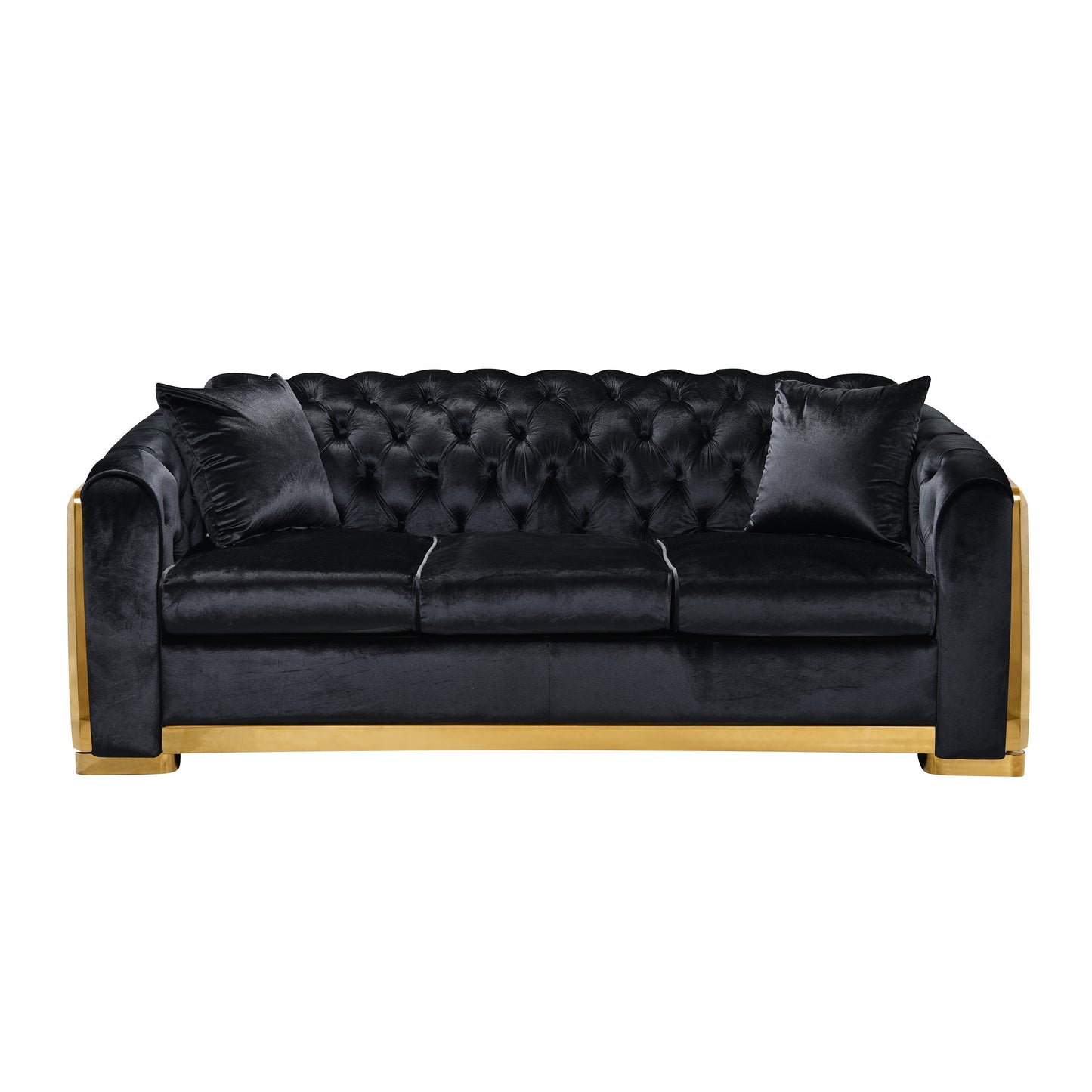 Velvet Luxury Chesterfield Sofa Set, 84 Inches Tufted 3 Seat Couch with Gold Stainless for Living Room, Black Fabric