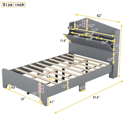 Wooden Twin Size House Bed with Storage Headboard ,Kids Bed with Storage Shelf,Grey