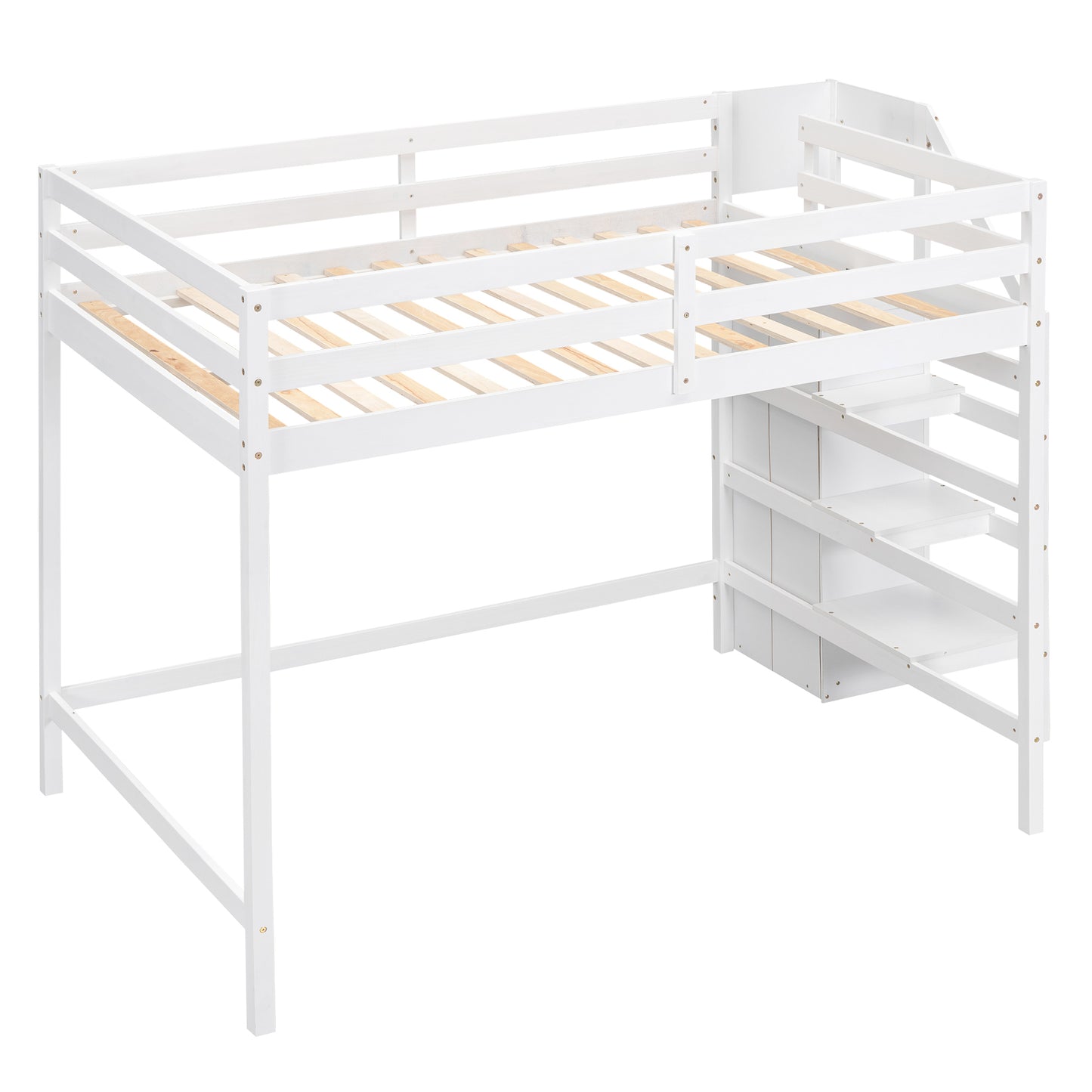 White Full Size Loft Bed with Built-in Storage Wardrobe and Staircase, Pine Wood and MDF, 93.8''L x 57''W x 67.5''H