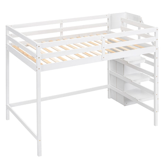 White Full Size Loft Bed with Built-in Storage Wardrobe and Staircase, Pine Wood and MDF, 93.8''L x 57''W x 67.5''H