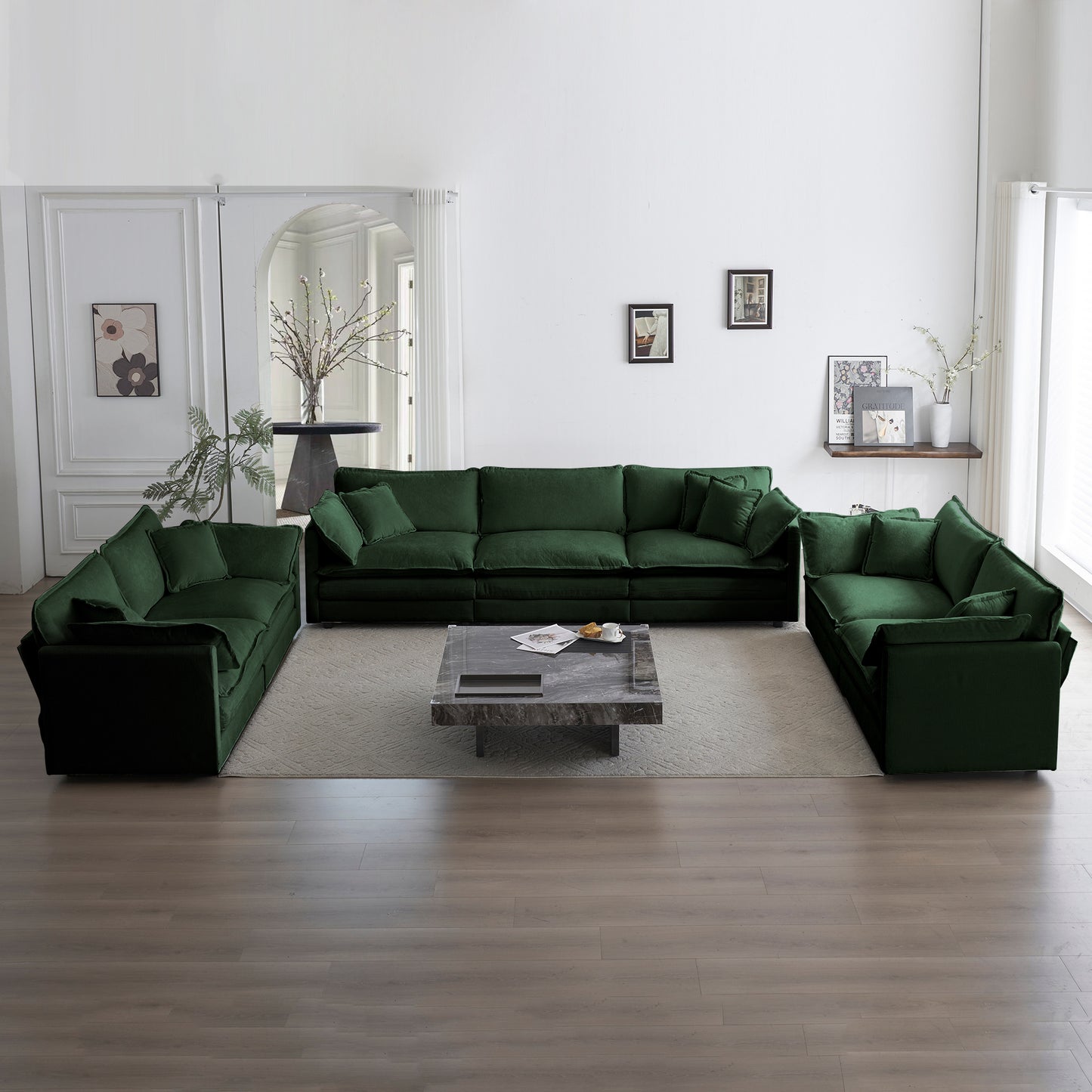 3 Piece Sofa Set Oversized Sofa Comfy Sofa Couch, 2 Pieces of 2 Seater and 1 Piece of 3 Seater Sofa  for Living Room, Deep Seat Sofa Green Chenille