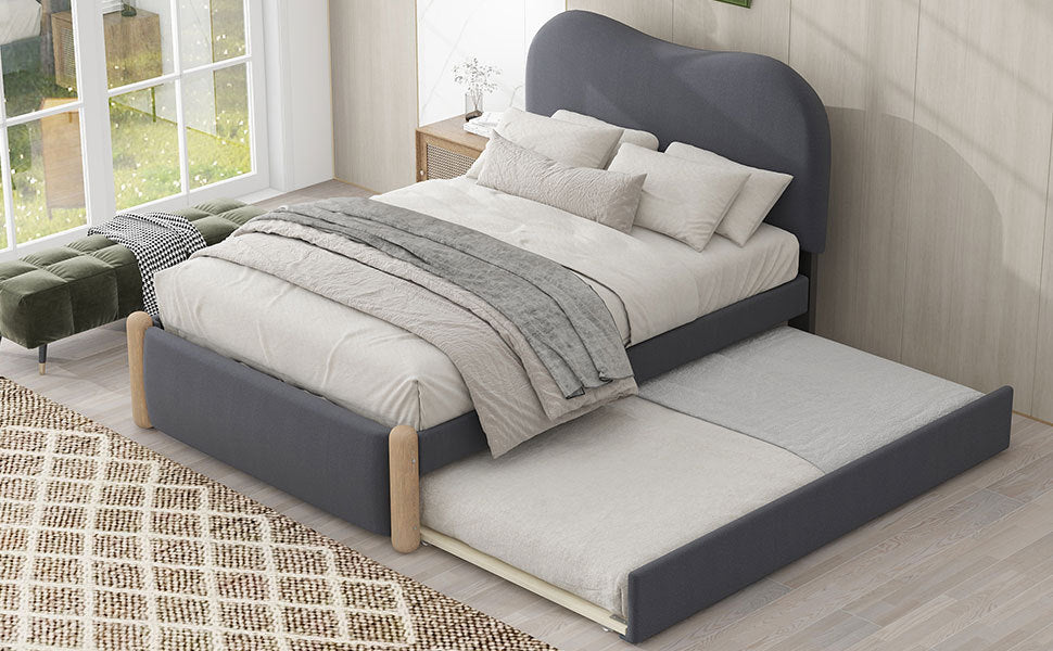 Twin Size Upholstered Platform Bed with Wood Supporting Feet and Twin Size Trundle, Gray