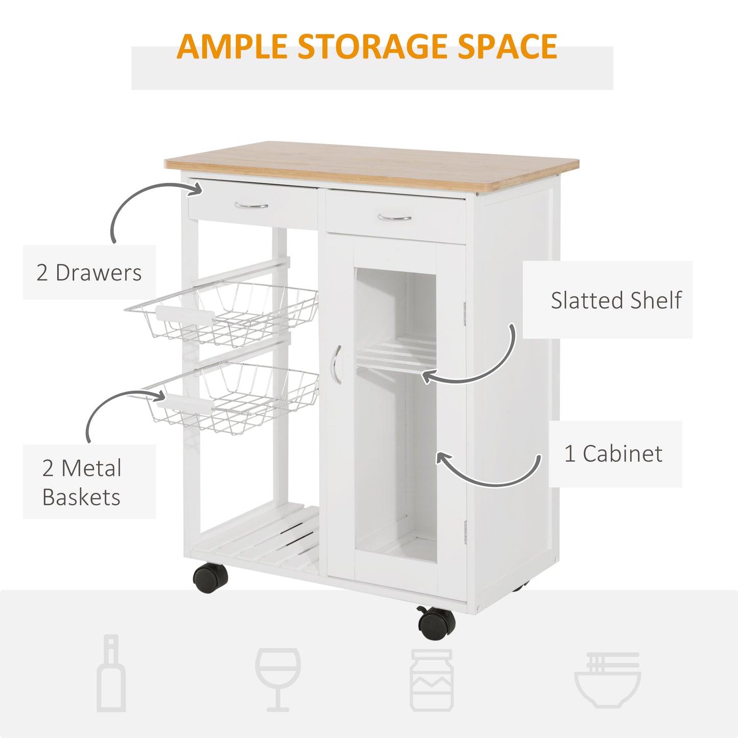 HOMCOM 28" Rolling Kitchen Island with Storage, Kitchen Cart with Solid Bamboo Top, Wire Basket,Door Cabinet and Drawers, White