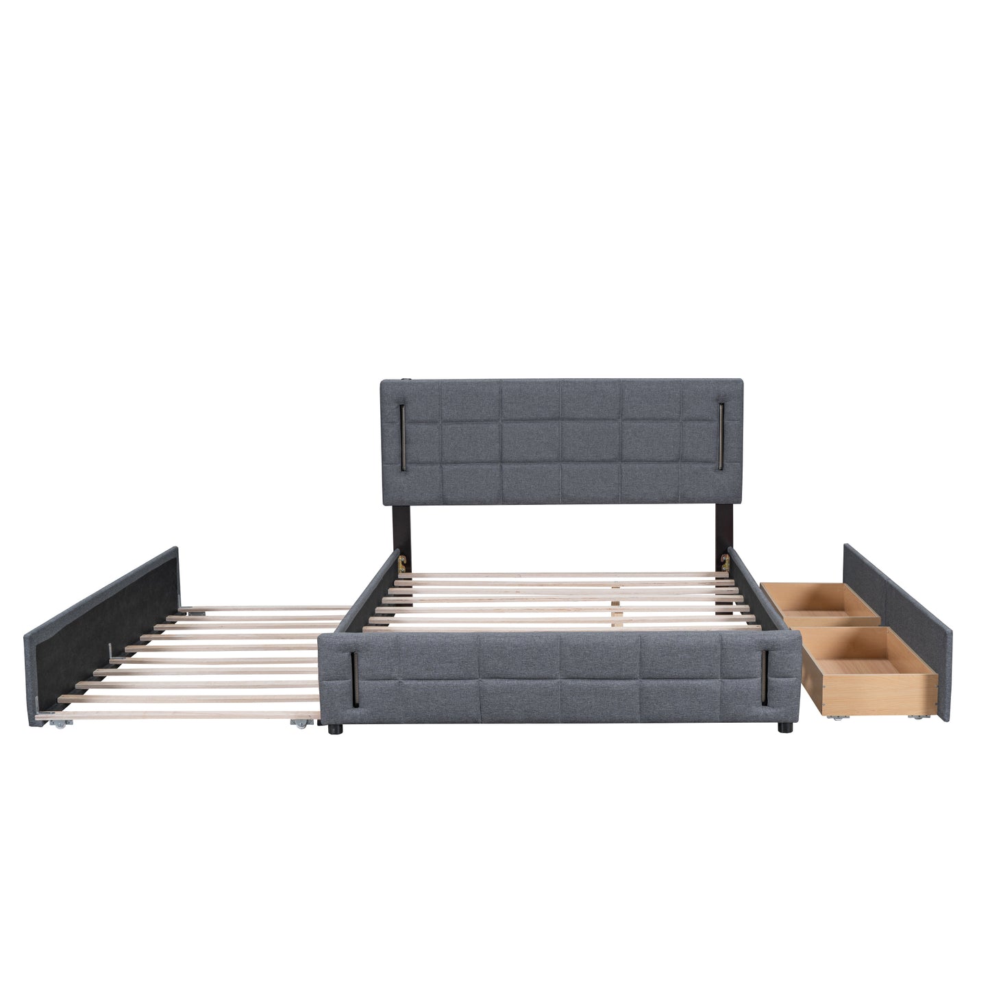 Queen Size Upholstered Platform Bed with Trundle and Drawers, Gray