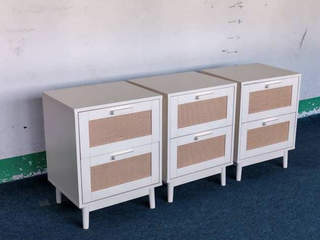 Rattan Nightstand, Wood End Table, Side Table with 2 Faux Rattan-Decorated Drawers, Bedside Table,Wood Accent Table with Storage for Livingroom, Bedroom,Burly wood