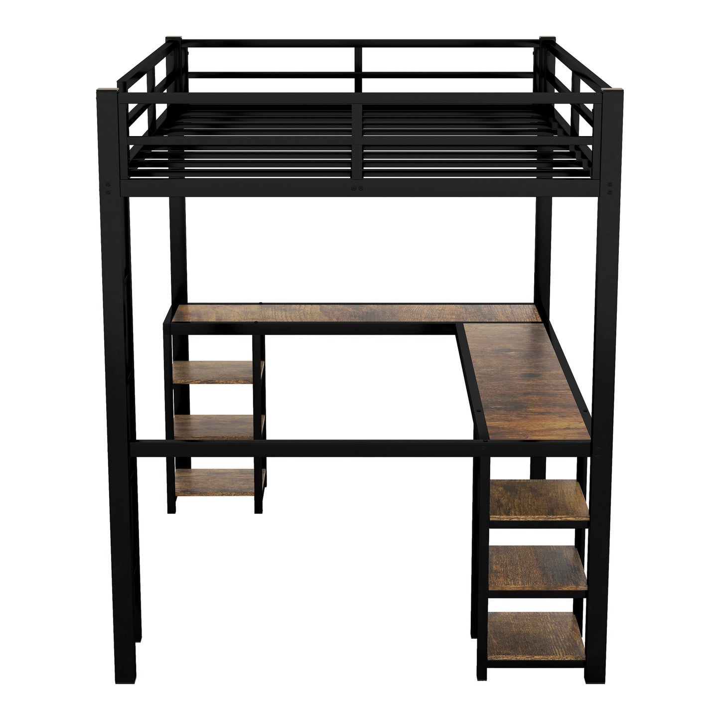 Full Metal Loft Bed with Desk and Shelves, Loft Bed with Ladder and Guardrails, Loft Bed Frame for Bedroom, Black with Vintage wood-colored desk(Old SKU: W1307S00022)