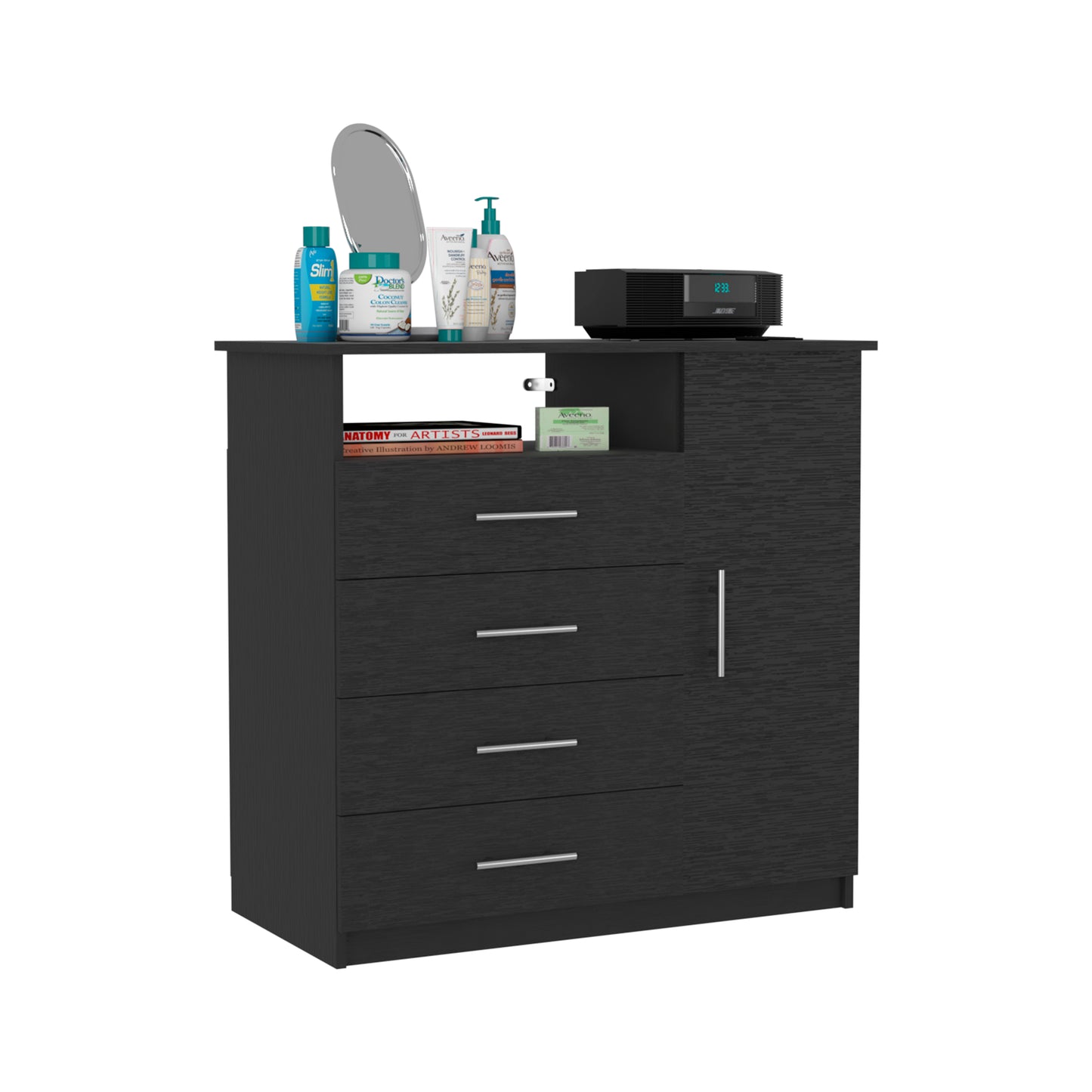 4 Drawer Dresser, One Open Shelf, Superior Top, Single Door Cabinet, Black