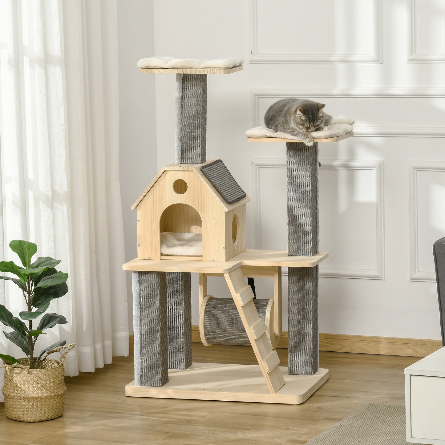 PawHut Cozy-House Cat Tree for Indoor Cats with Pillow-Covered Perches, Spinning Toy, Modern Climbing Activity Cat Tower with Scratching Posts, Cat Condo, Ladder, Natural