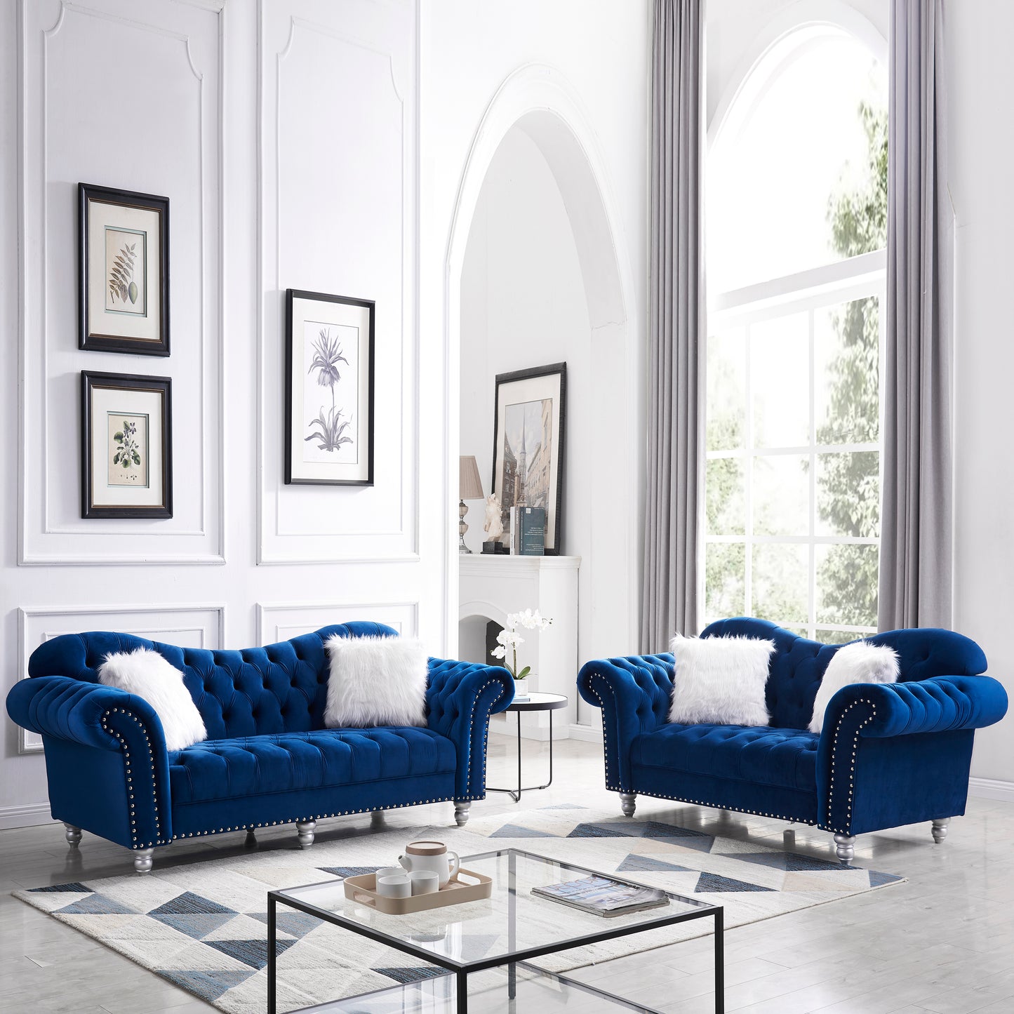 3 Piece Living Room Sofa Set, including 3-Seater Sofa, Loveseat and Sofa Chair, with Button and Copper Nail on Arms and Back, Five White Villose Pillow, Blue.