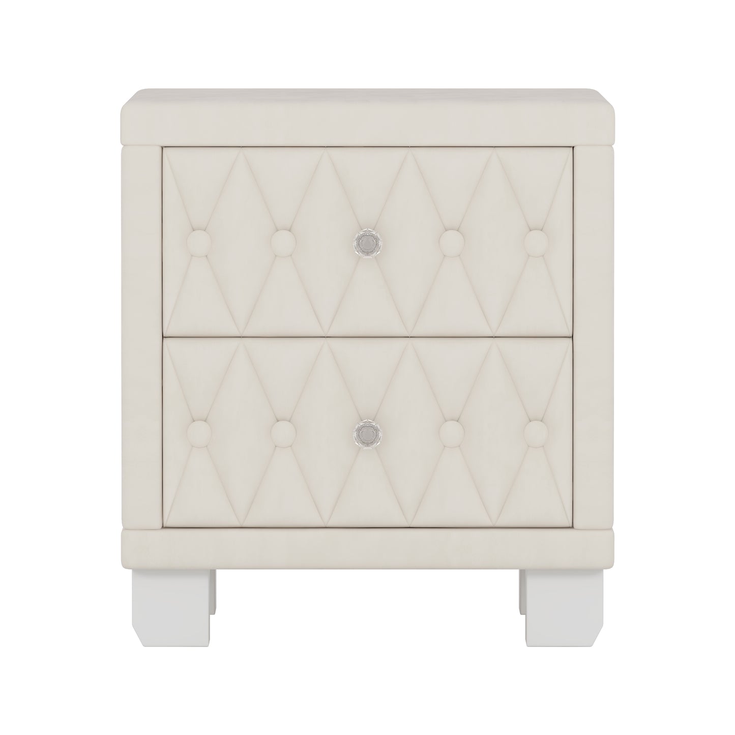 Elegant Velvet Nightstand with 2 Drawers and Crystal Handle, Storage Bedside Table with Button-Tufted, Beige