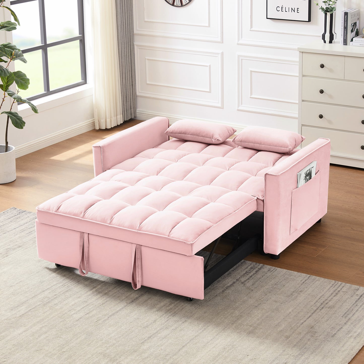 Modern Velvet Loveseat Futon Sofa Couch w/Pullout Bed,Small Love Seat Lounge Sofa w/Reclining Backrest,Toss Pillows, Pockets,Furniture for Living Room,3 in 1 Convertible Sleeper Sofa Bed, pink