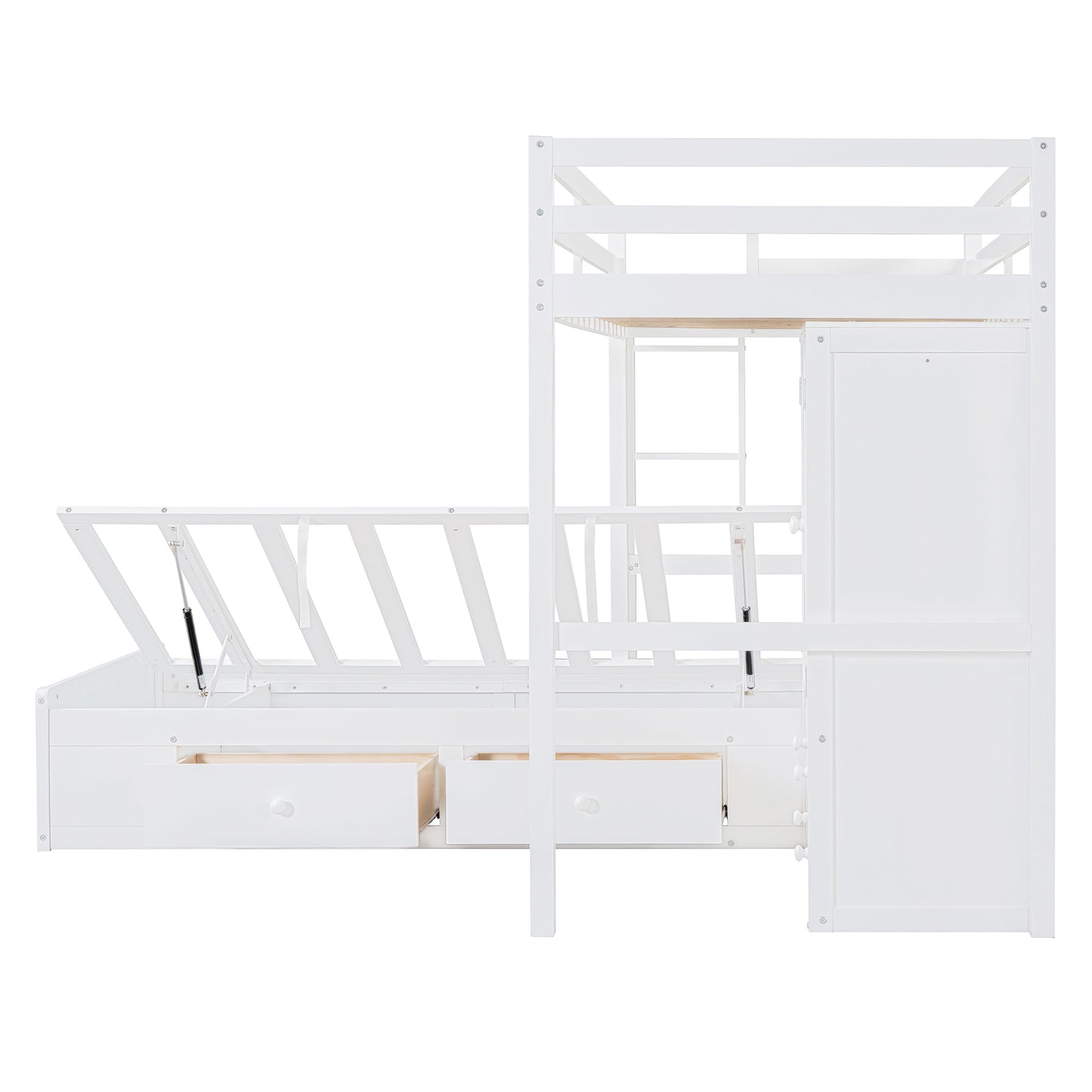 Twin Bunk Bed with Drawers, Wardrobe, Storage Shelves and Hydraulic Bed,White