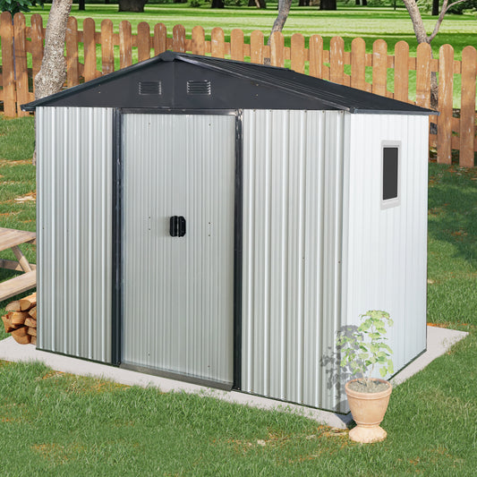 8ft x 4ft Outdoor Metal Storage Shed with Window and Metal Foundation for Backyard, Patio, Lawn --White and Black