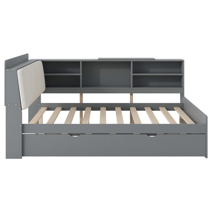 Wood Full Size platform bed with Trundle, Shelves and Storage Headboard, Gray