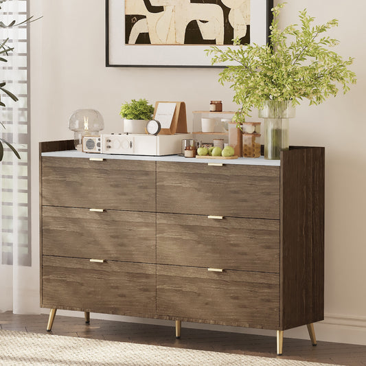 55" Long 6 Drawer Dresser with Marbling Worktop, Mordern Storage Cabinet with Metal Leg and Handle for Bedroom,Walnut