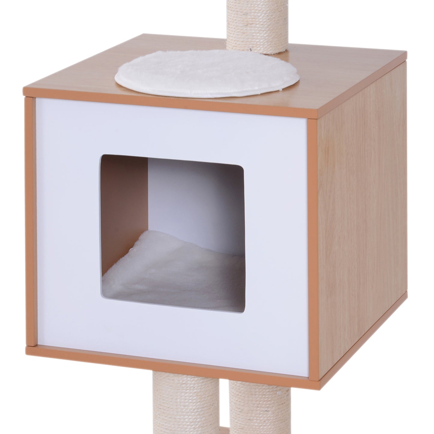 PawHut 47” Modern Cat Tree Multi-Level Scratching Post With Cube Cave Enclosure - Oak Wood and White