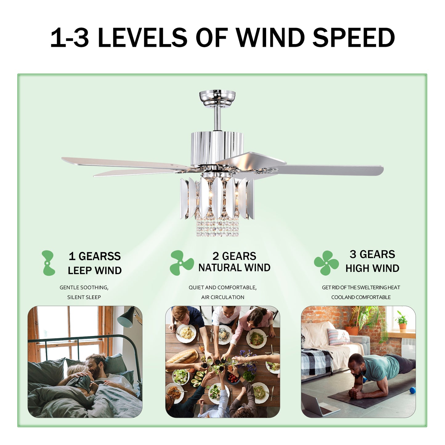 Crystal Ceiling Fan Reversible Blades 3 Wind Speeds Remote Control for Bedroom Living Dining Room --Chrome