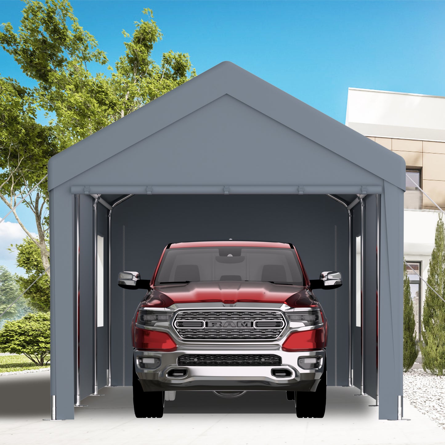 Carport 12' x 20' Portable Garage, Heavy Duty Car Port Canopy with 2 Roll-up Doors & 4 Ventilated Windows for Car, Truck, Boat, Garden Tools,grey