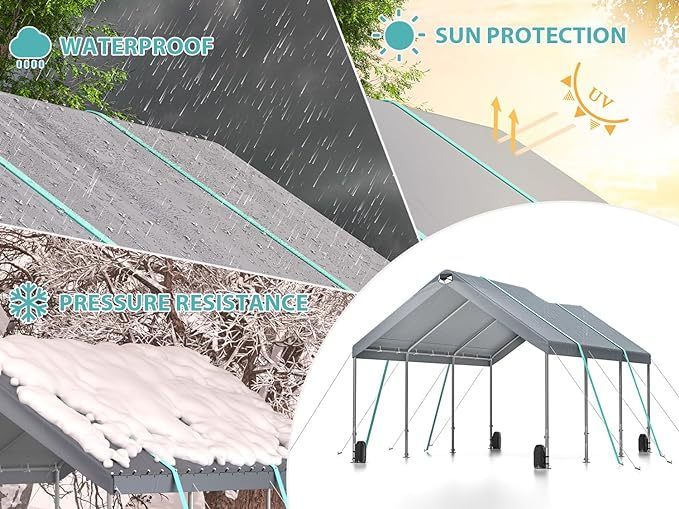 10 * 20 Heavy Duty Carport Canopy - Extra Large Portable Car Tent Garage with Adjustable Peak Height from 9.5ft to 11ft,Removable Roof &Side Walls for Car, SUV,Boats