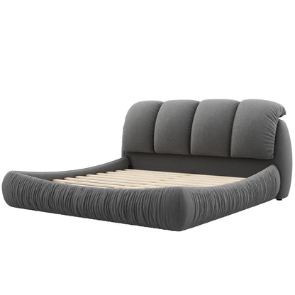 Queen Size Luxury Upholstered Bed With Thick Headboard, Velvet Queen Bed with Oversized Padded Backrest, Gray(Expect Arrival Date 2024/4/2)