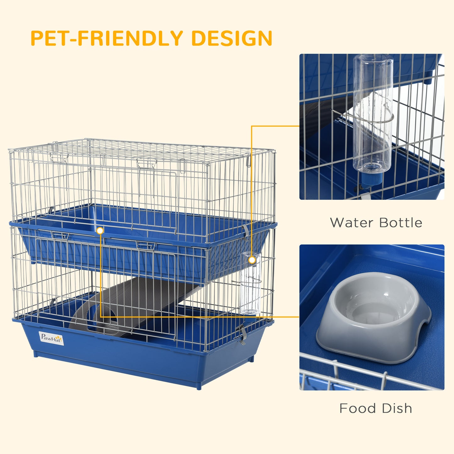 PawHut 2-Tier Guinea Pig Cage, Ferret Cage, Chinchilla Cage, Small Animal Cage Indoor with Dish and Bottle, 2 Doors, Deep Bottoms, Ramp, 28", Blue