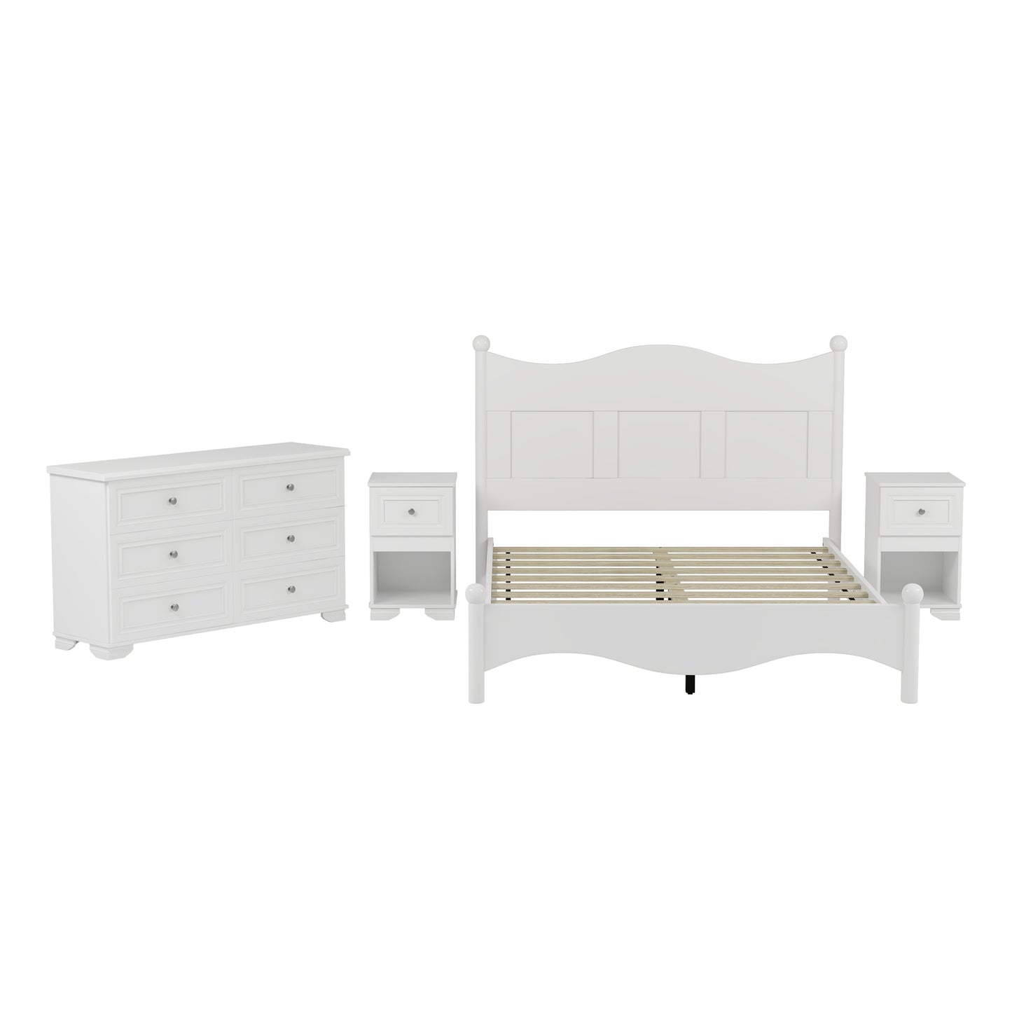 4-Pieces Retro Style Bedroom Sets, Queen Size Platform Bed with Elegant Design, Storage Nightstand and Dresser with Metal Handle, White