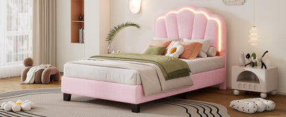 Twin Size Upholstered Flower-Shape Bed, Elegant Flowers Headboard with LED Light Strip ,Sherpa Fabric Platform Bed with Wooden Slats Support, Pink