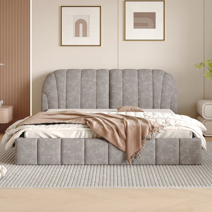 Queen Size Upholstered Platform Bed with Thick Fabric, Polyester, Gray