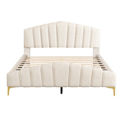 Queen Size Velvet Platform Bed with Thick Fabric, Stylish Stripe Decorated Bedboard and Elegant Metal Bed Leg, Beige