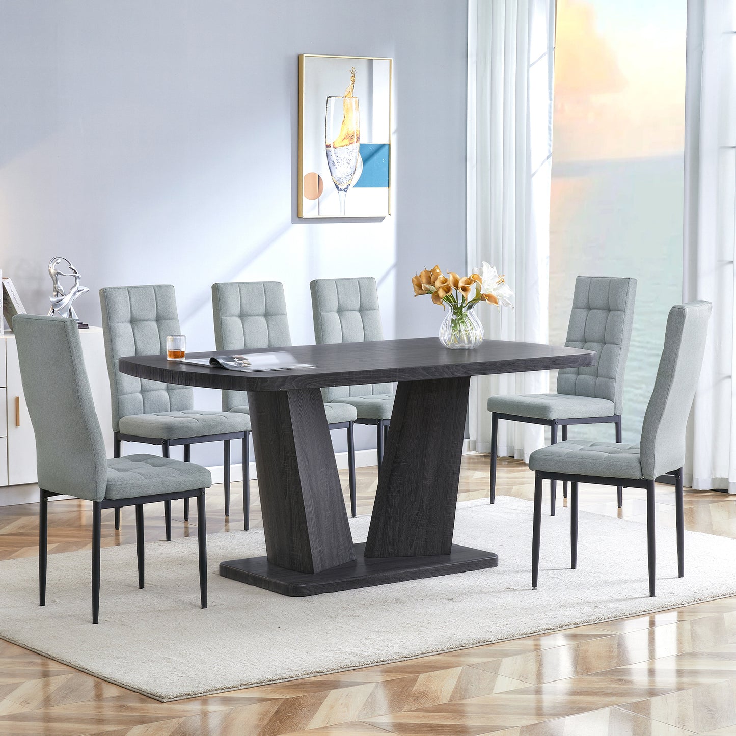 Dining Table Set for 6, 7 Piece Kitchen Table Chairs Set, 1.8" Thickness Tabletop and V-shaped Table Legs, Modern Dining Room Set with 63 inch Dinner Table and 6 Upholstered Chairs for Dining Room