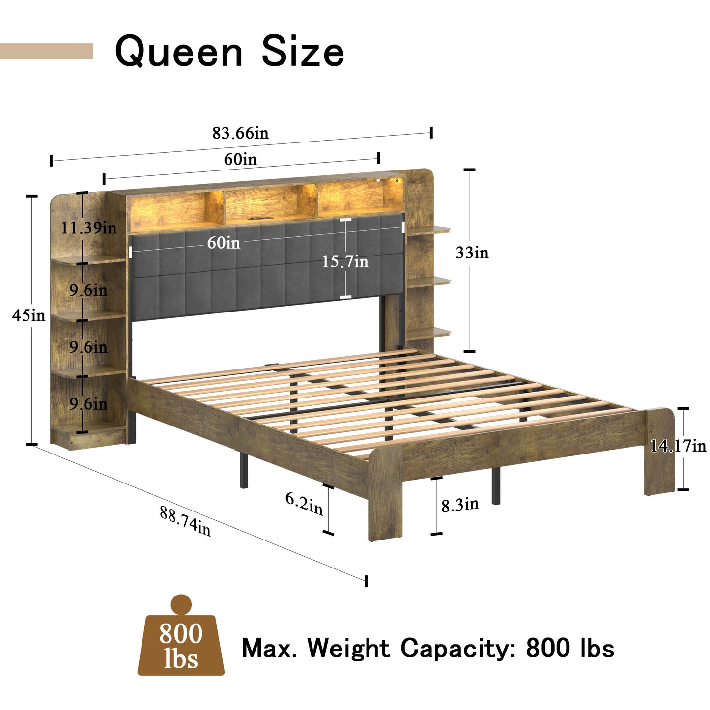 Queen Bed Frame with Storage, Platform Bed Queen Size with LED Lights and Charging Station, Dark gray Linen Headboard with Bookcase Shelves, No Box Spring Needed, Noise Free,Vintage Brown