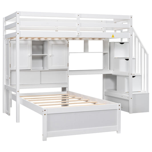 White Twin over Twin Loft Bed with Built-in Desk and Staircase, Pine Wood and MDF, 94.4''L x 92''W x 67.5''H