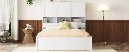 Queen Size Platform Bed with Storage Headboard and 4 Drawers, White